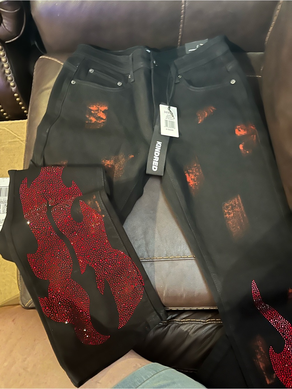 Kindred Black Skinny Jeans with Red Flame Crystal Detail